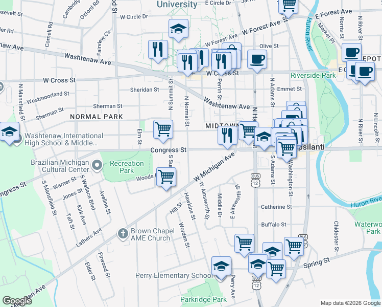 map of restaurants, bars, coffee shops, grocery stores, and more near 11 North Normal Street in Ypsilanti