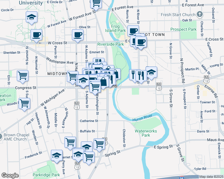 map of restaurants, bars, coffee shops, grocery stores, and more near in Ypsilanti