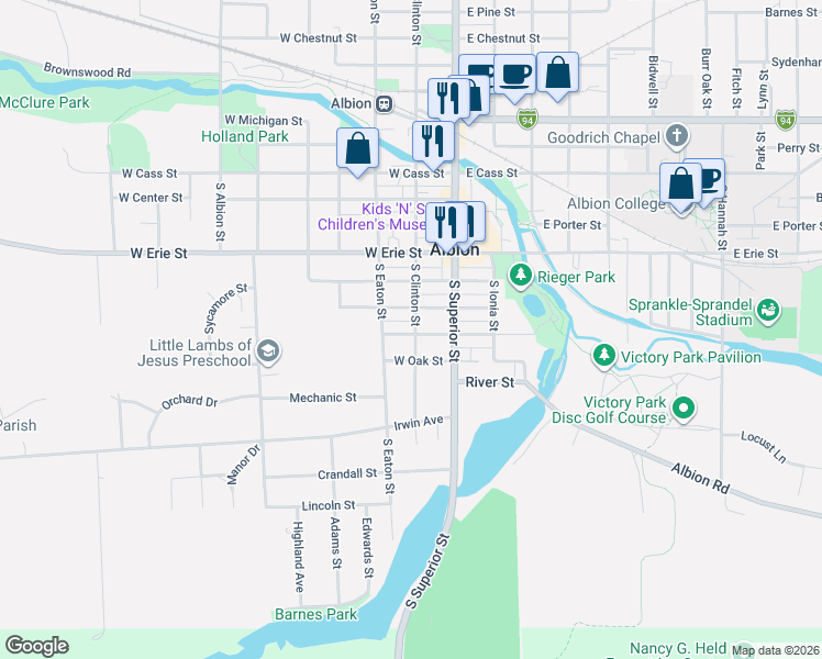 map of restaurants, bars, coffee shops, grocery stores, and more near 610 South Clinton Street in Albion