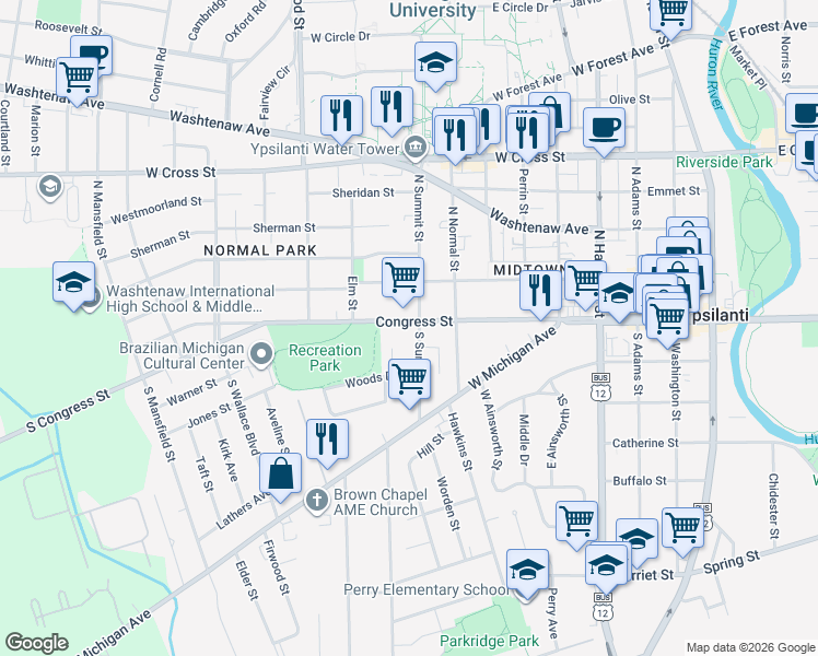 map of restaurants, bars, coffee shops, grocery stores, and more near 9 North Summit Street in Ypsilanti