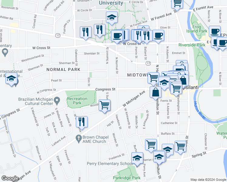 map of restaurants, bars, coffee shops, grocery stores, and more near 805 Congress Street in Ypsilanti