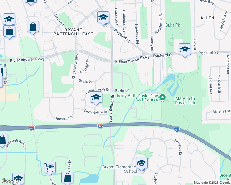 map of restaurants, bars, coffee shops, grocery stores, and more near 3265 Baylis Drive in Ann Arbor