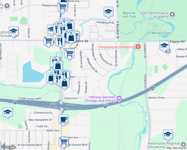map of restaurants, bars, coffee shops, grocery stores, and more near 5220 Ridgebrook Drive in Portage
