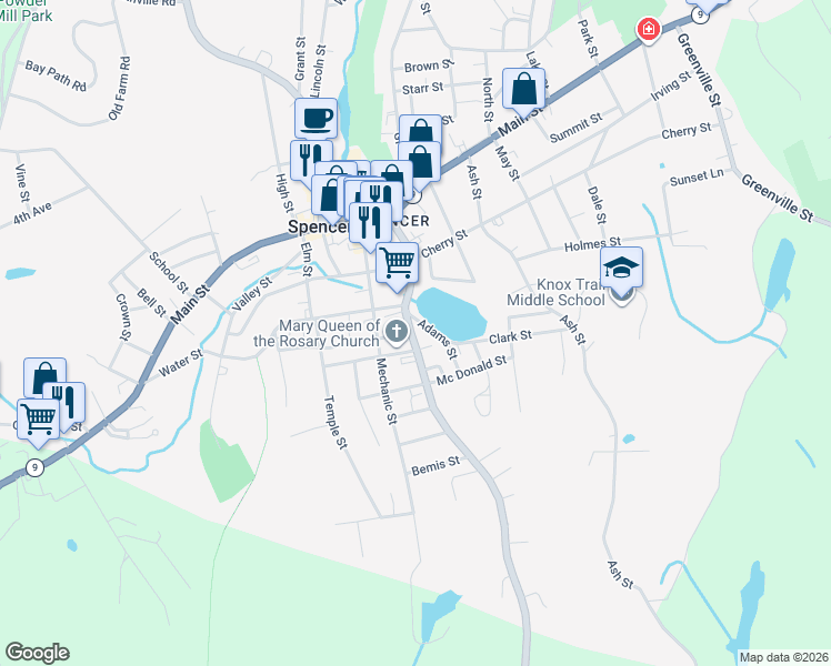 map of restaurants, bars, coffee shops, grocery stores, and more near 4 Adams Street in Spencer