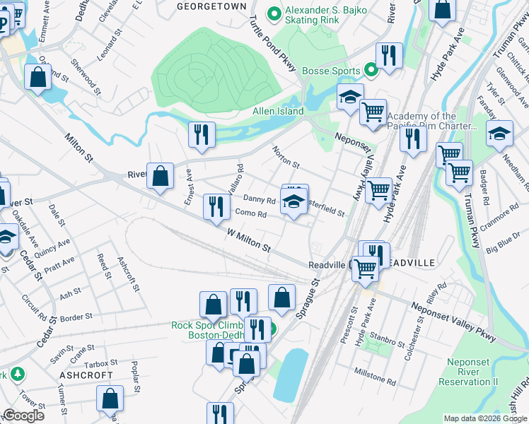 map of restaurants, bars, coffee shops, grocery stores, and more near 41 Danny Road in Boston