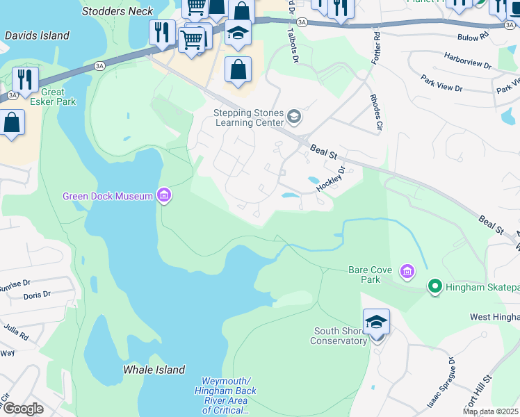 map of restaurants, bars, coffee shops, grocery stores, and more near 1306 Tuckers Lane in Hingham