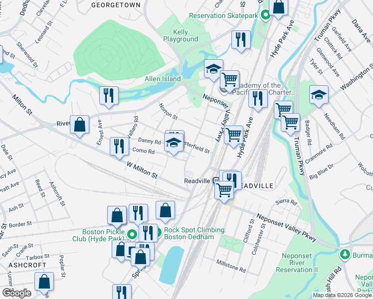 map of restaurants, bars, coffee shops, grocery stores, and more near 49 Chesterfield Street in Boston