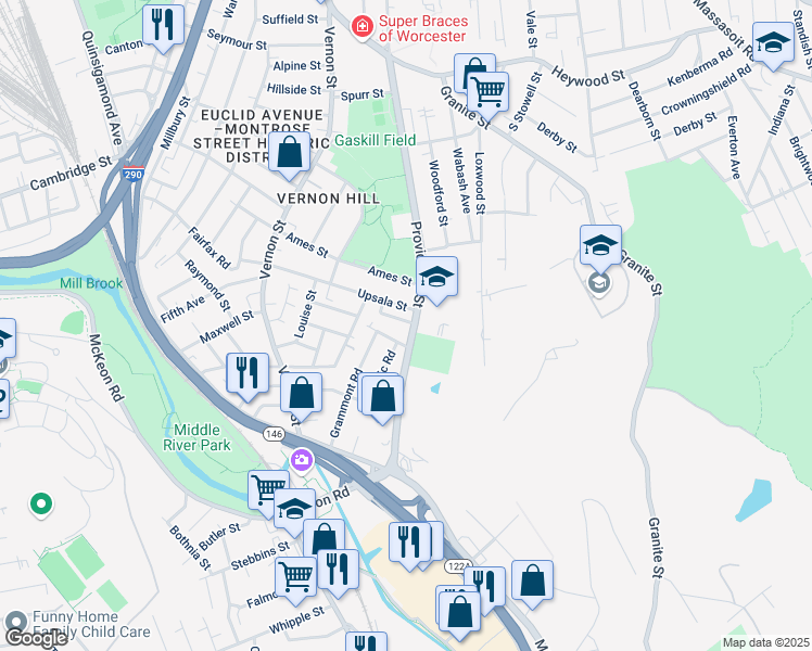 map of restaurants, bars, coffee shops, grocery stores, and more near 204 Massachusetts 122A in Worcester