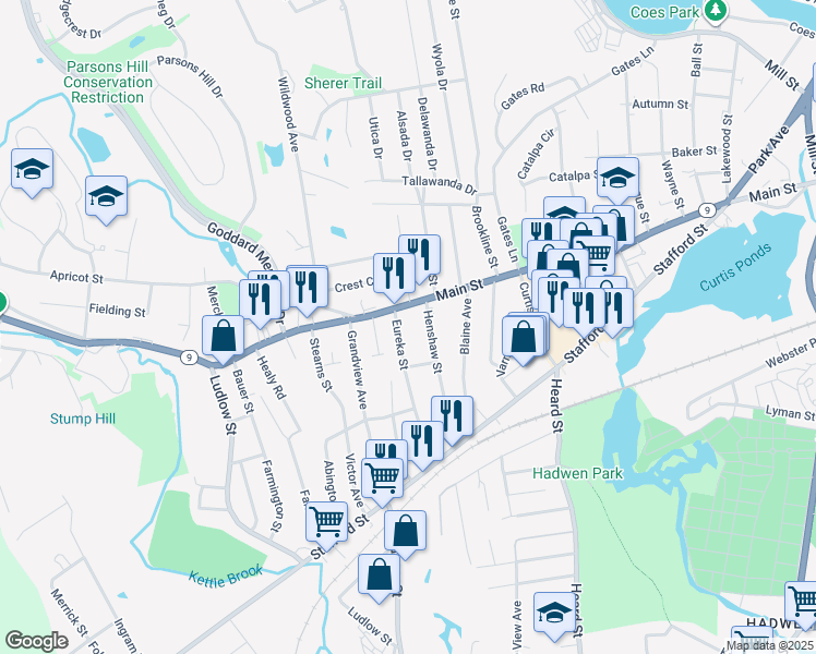 map of restaurants, bars, coffee shops, grocery stores, and more near 1333 Main Street in Worcester