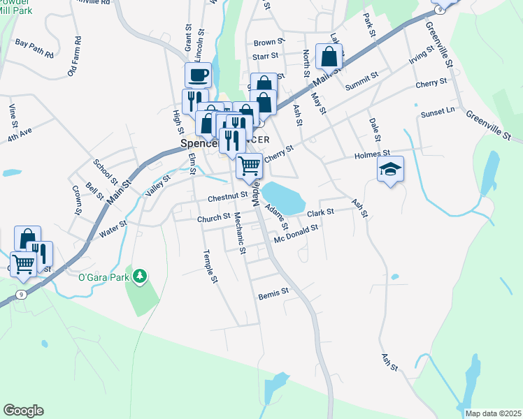 map of restaurants, bars, coffee shops, grocery stores, and more near 4 Adams Street in Spencer