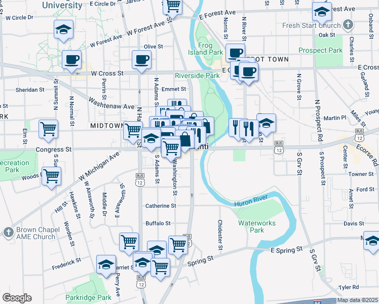 map of restaurants, bars, coffee shops, grocery stores, and more near in Ypsilanti