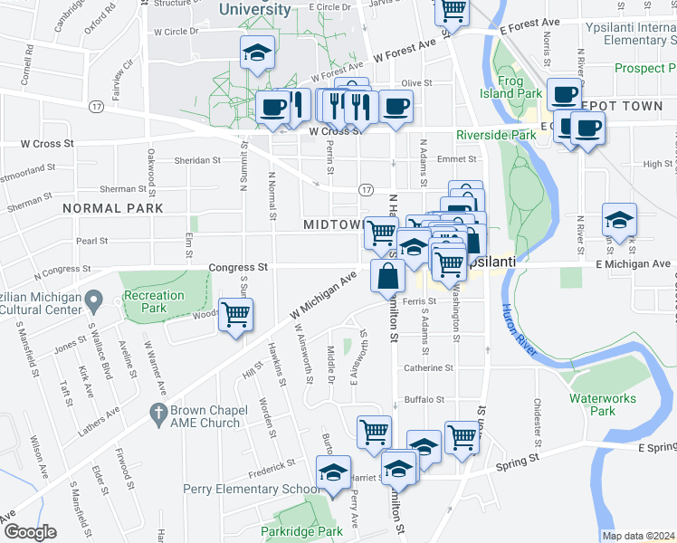 map of restaurants, bars, coffee shops, grocery stores, and more near 520 Congress Street in Ypsilanti