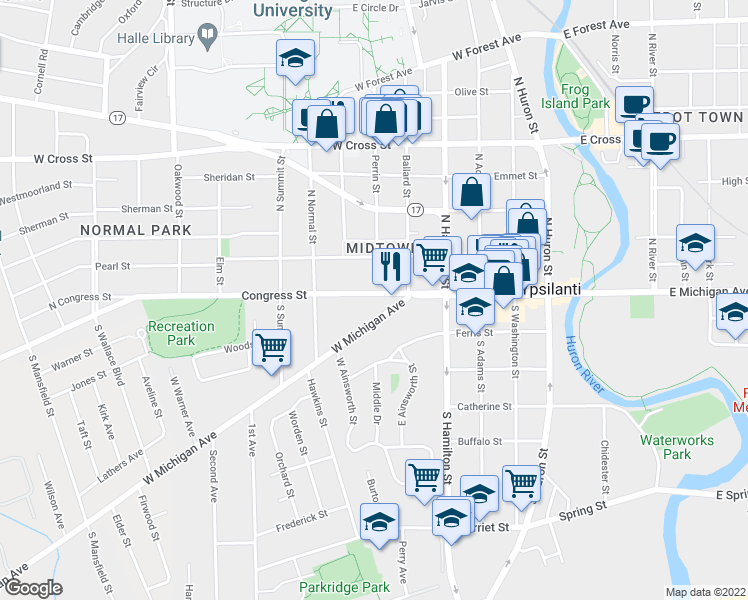 map of restaurants, bars, coffee shops, grocery stores, and more near 520 Congress Street in Ypsilanti