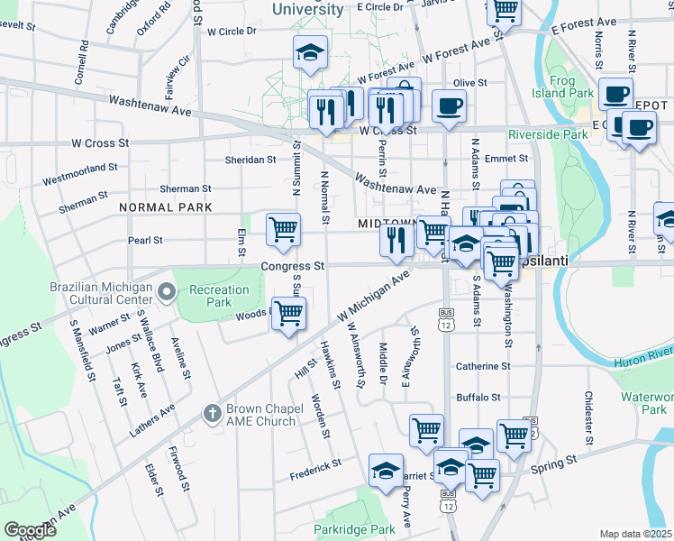 map of restaurants, bars, coffee shops, grocery stores, and more near 702 Congress Street in Ypsilanti