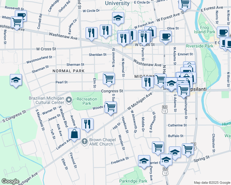 map of restaurants, bars, coffee shops, grocery stores, and more near 813 Congress Street in Ypsilanti