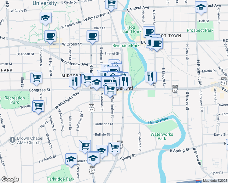 map of restaurants, bars, coffee shops, grocery stores, and more near 10 North Washington Street in Ypsilanti
