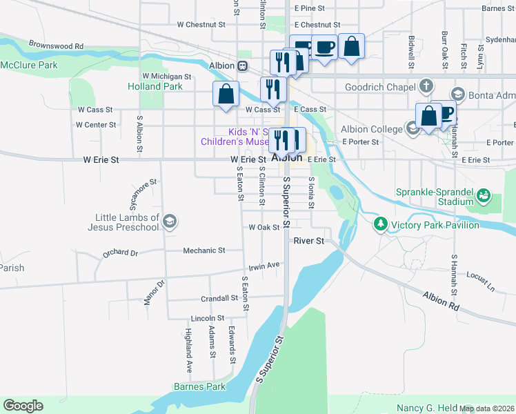 map of restaurants, bars, coffee shops, grocery stores, and more near 114 West Elm Street in Albion
