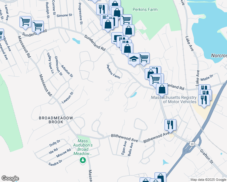 map of restaurants, bars, coffee shops, grocery stores, and more near Sunderland Woods in Worcester