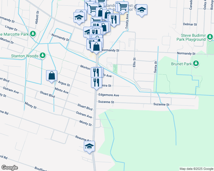 map of restaurants, bars, coffee shops, grocery stores, and more near 1830 Omira Street in Windsor