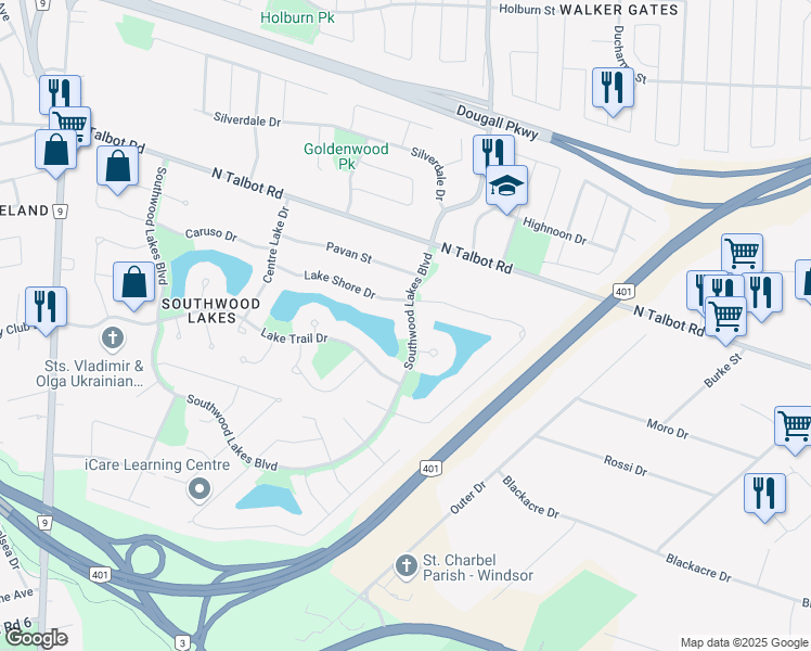 map of restaurants, bars, coffee shops, grocery stores, and more near 5032 Southwood Lakes Boulevard in Windsor