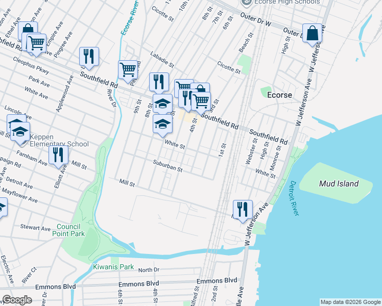 map of restaurants, bars, coffee shops, grocery stores, and more near 4522 3rd Street in Ecorse