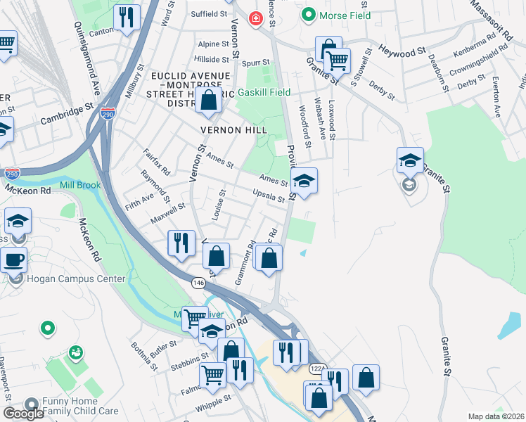 map of restaurants, bars, coffee shops, grocery stores, and more near 66 Upsala Street in Worcester