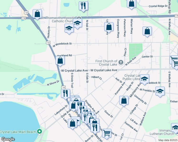 map of restaurants, bars, coffee shops, grocery stores, and more near 3 South Oak Street in Crystal Lake
