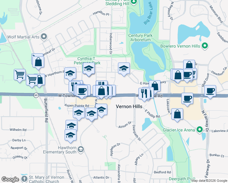 map of restaurants, bars, coffee shops, grocery stores, and more near 111 Windsor Drive in Vernon Hills