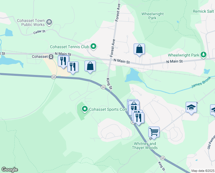 map of restaurants, bars, coffee shops, grocery stores, and more near 43 King Street in Cohasset