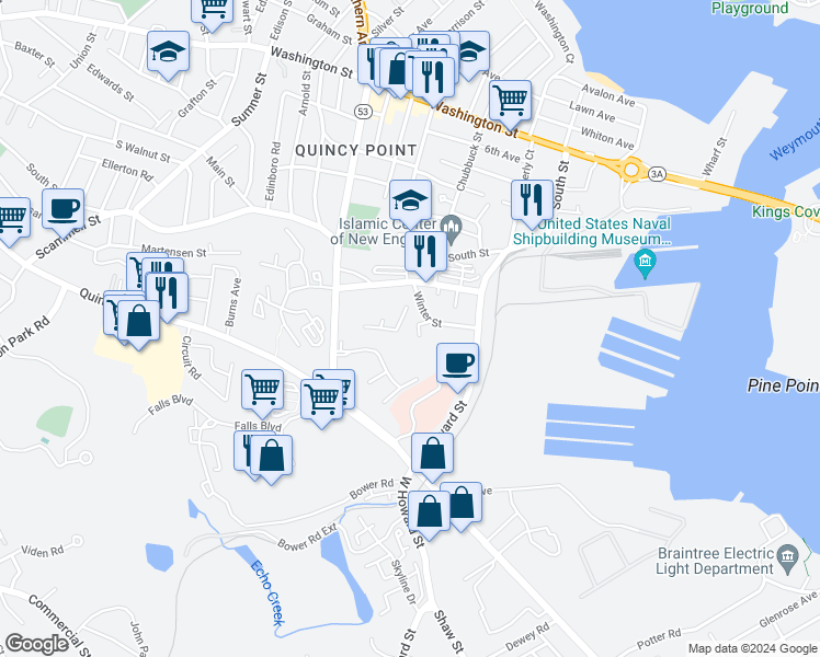 map of restaurants, bars, coffee shops, grocery stores, and more near 33 Winter Street in Quincy