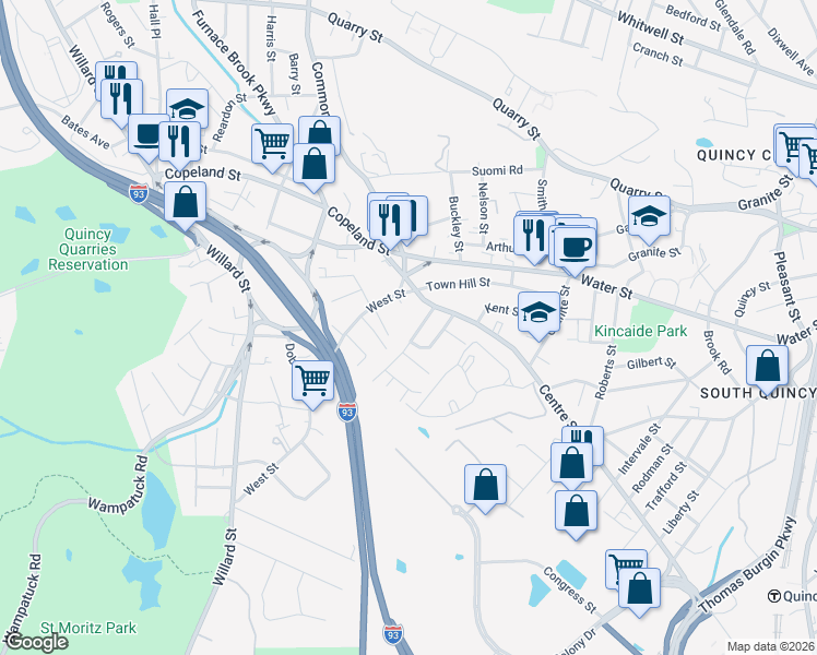 map of restaurants, bars, coffee shops, grocery stores, and more near 42 West Street in Quincy