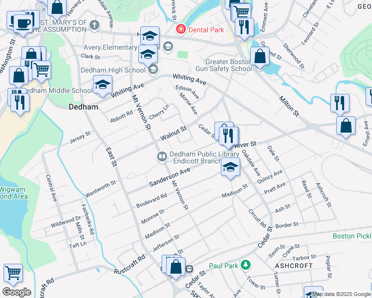 map of restaurants, bars, coffee shops, grocery stores, and more near 39 Norwell Road in Dedham