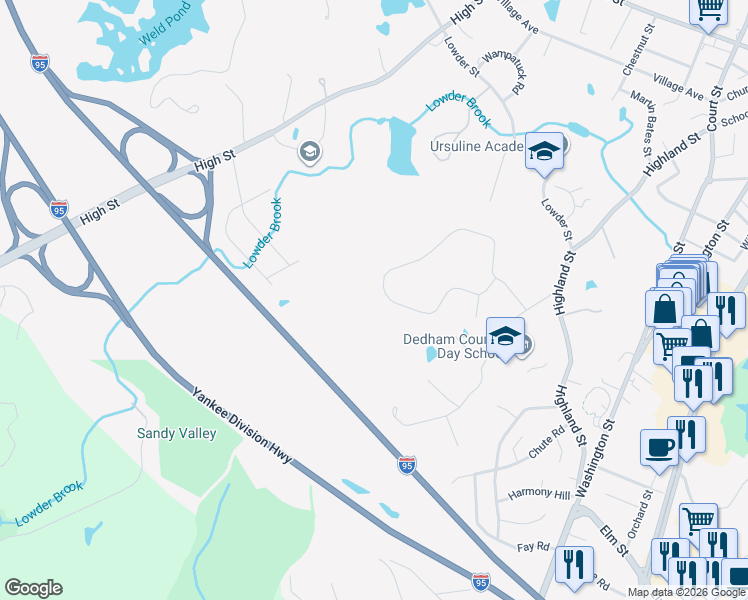 map of restaurants, bars, coffee shops, grocery stores, and more near 199 Stoney Lea Road in Dedham
