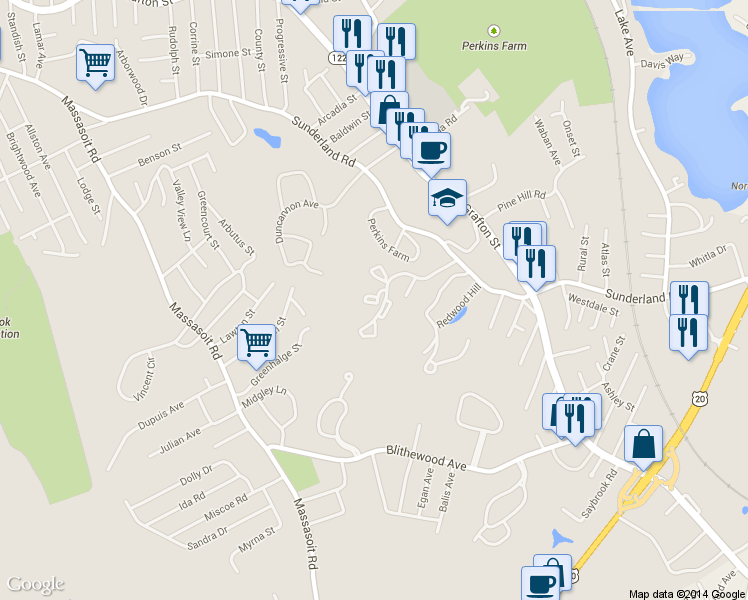 map of restaurants, bars, coffee shops, grocery stores, and more near 380 Sunderland Road in Worcester