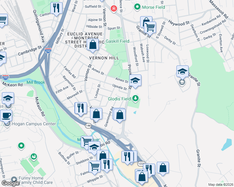 map of restaurants, bars, coffee shops, grocery stores, and more near 66 Upsala Street in Worcester