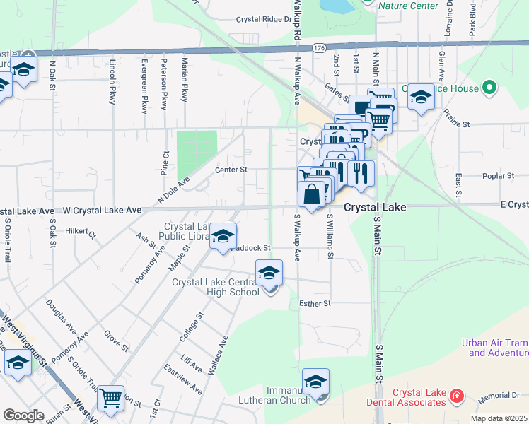 map of restaurants, bars, coffee shops, grocery stores, and more near 18 North Caroline Street in Crystal Lake