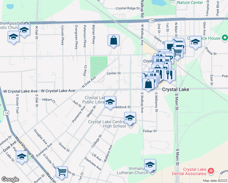 map of restaurants, bars, coffee shops, grocery stores, and more near 100 West Crystal Lake Avenue in Crystal Lake