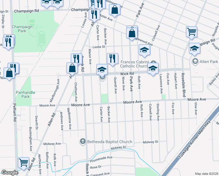 map of restaurants, bars, coffee shops, grocery stores, and more near 259 Becker Avenue in Allen Park