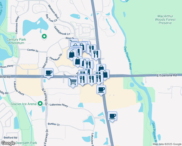 map of restaurants, bars, coffee shops, grocery stores, and more near 700 East Townline Road in Vernon Hills