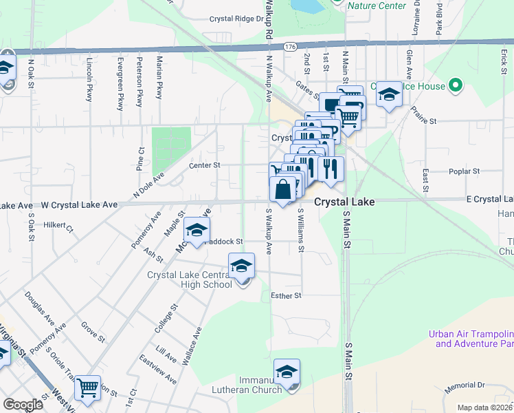 map of restaurants, bars, coffee shops, grocery stores, and more near 4 North Walkup Avenue in Crystal Lake