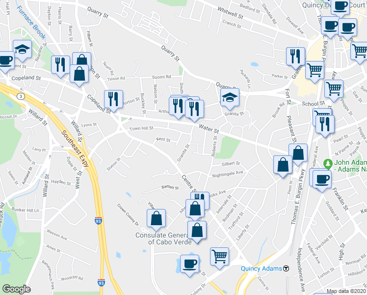 map of restaurants, bars, coffee shops, grocery stores, and more near 429 Granite Street in Quincy