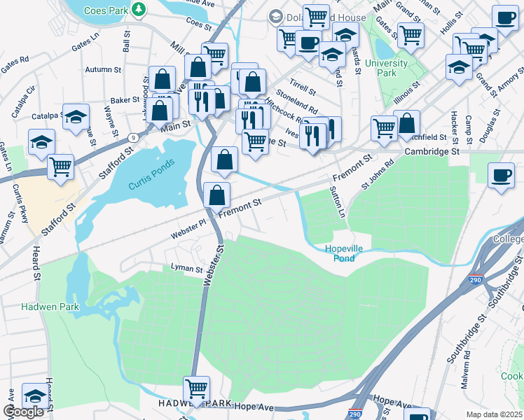 map of restaurants, bars, coffee shops, grocery stores, and more near 61-105 Fremont St in Worcester