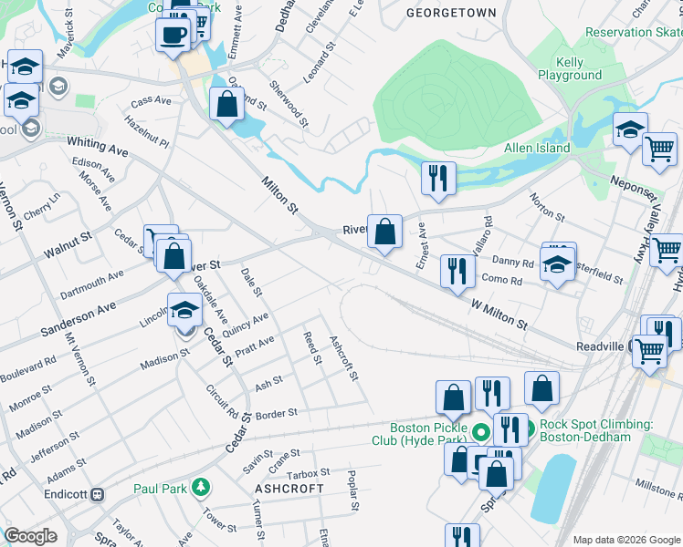 map of restaurants, bars, coffee shops, grocery stores, and more near 249 Milton Street in Dedham
