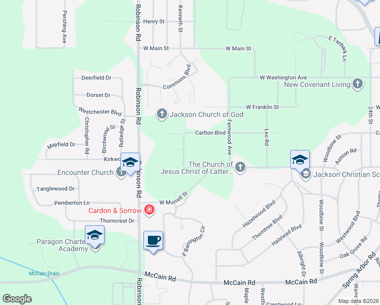 map of restaurants, bars, coffee shops, grocery stores, and more near 3353 Carlton Boulevard in Jackson