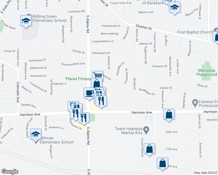 map of restaurants, bars, coffee shops, grocery stores, and more near 2432 Holmes Street in Rockford