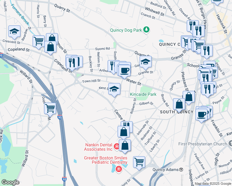 map of restaurants, bars, coffee shops, grocery stores, and more near 429 Granite Street in Quincy