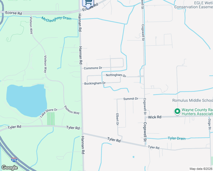 map of restaurants, bars, coffee shops, grocery stores, and more near 39108 Buckingham Drive in Romulus