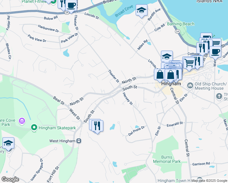 map of restaurants, bars, coffee shops, grocery stores, and more near 253 North Street in Hingham