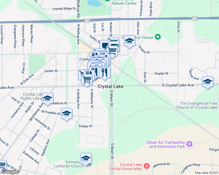 map of restaurants, bars, coffee shops, grocery stores, and more near 111 East Crystal Lake Avenue in Crystal Lake