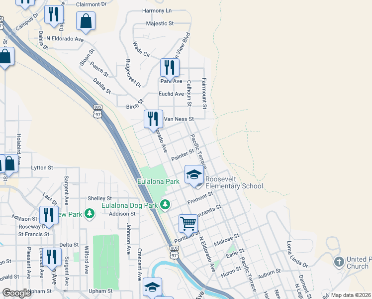 map of restaurants, bars, coffee shops, grocery stores, and more near 1428 Pacific Terrace in Klamath Falls